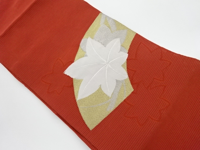 JAPANESE KIMONO / VINTAGE NAGOYA OBI FOR SUMMER / WOVEN MAPLE LEAVES
